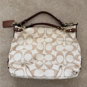 Coach Cream and Brown Signature Shoulder Bag